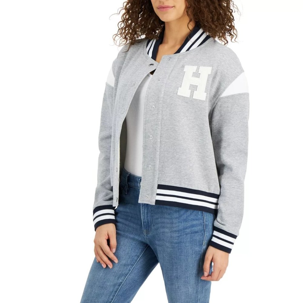NEW Tommy Hilfiger Womens Heather Gray Snap Front Baseball Jacket Size XS